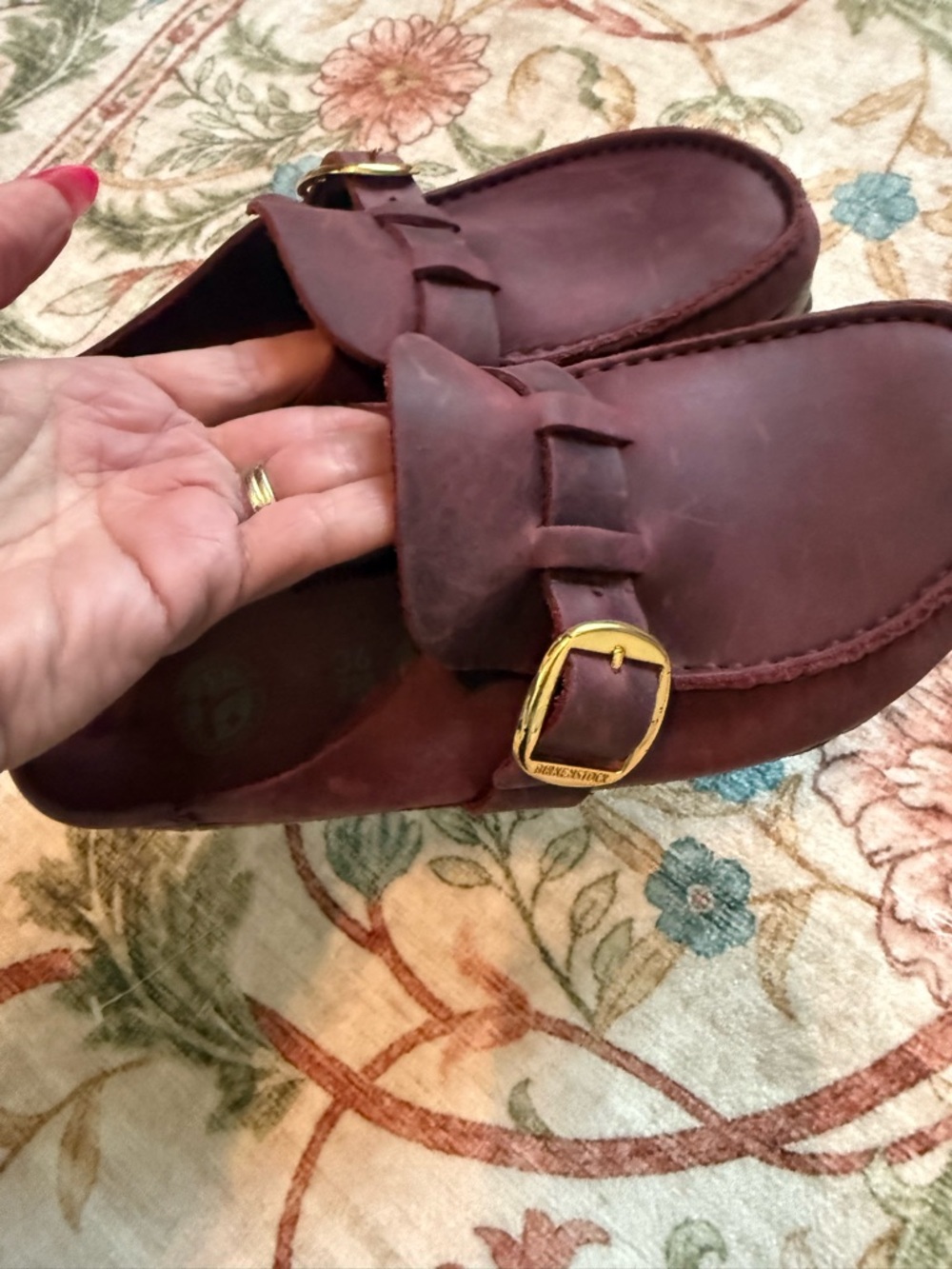 Birkenstock Burgundy Leather Slip-On Loafers with Gold Buckles - Picture 4 of 6